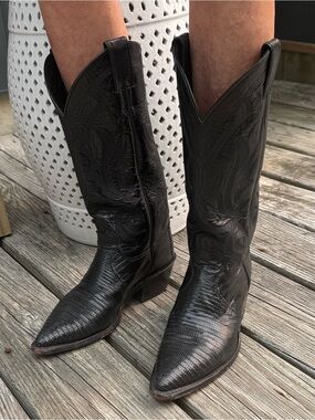 Vintage Justin Boots Teju black lizard leather/patent certified originals L4786